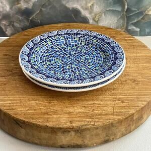 Pier 1 Dinner Plates Set of 2 8" Earthenware italy Blue & Green Mosaic Waves